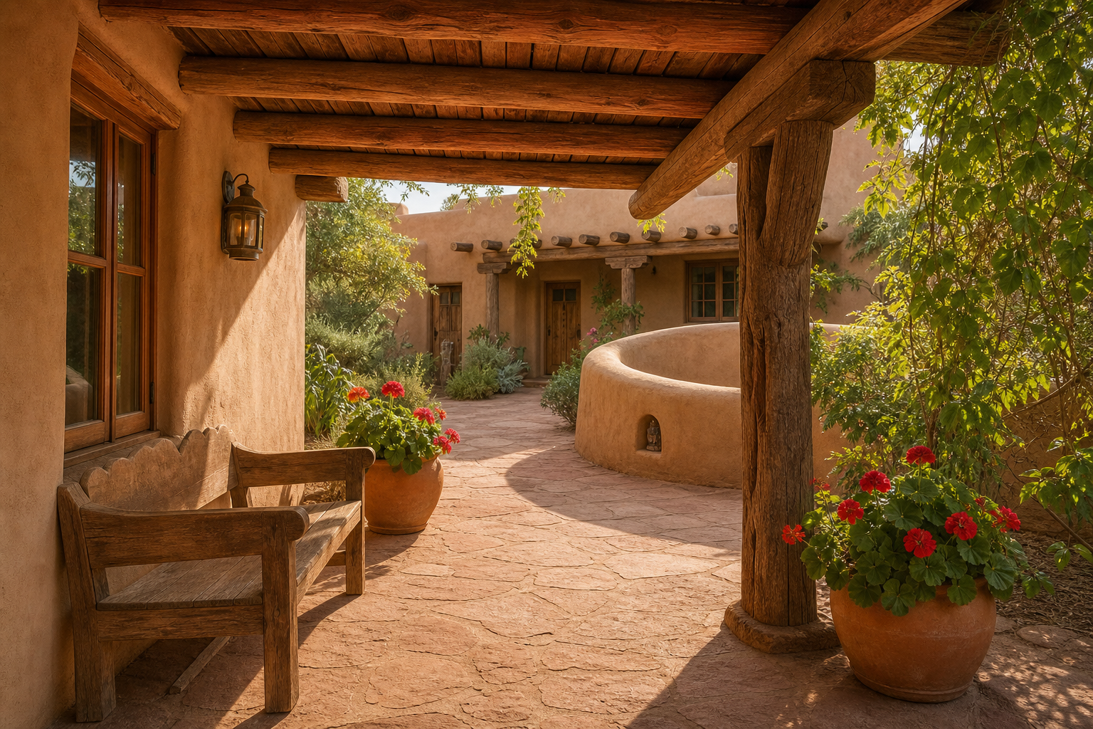 Courtyard portal of an adobe home in Santa Fe, New Mexico