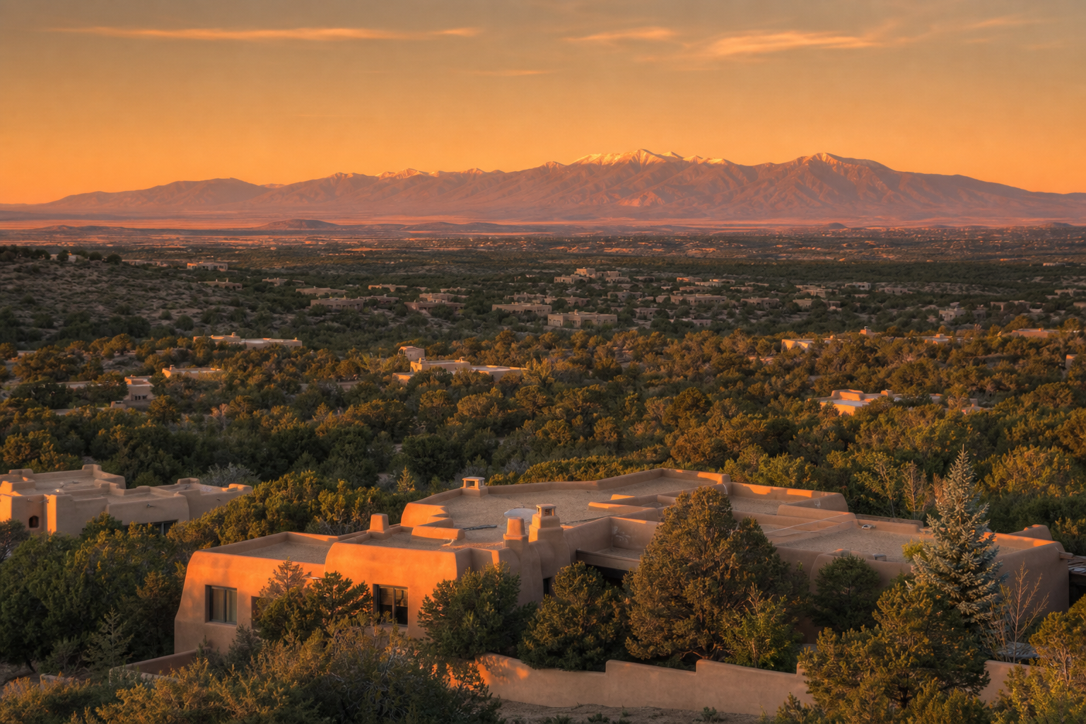 Adobe homes on the high desert outside Santa Fe with the Sangre de Cristo mountains at sunset