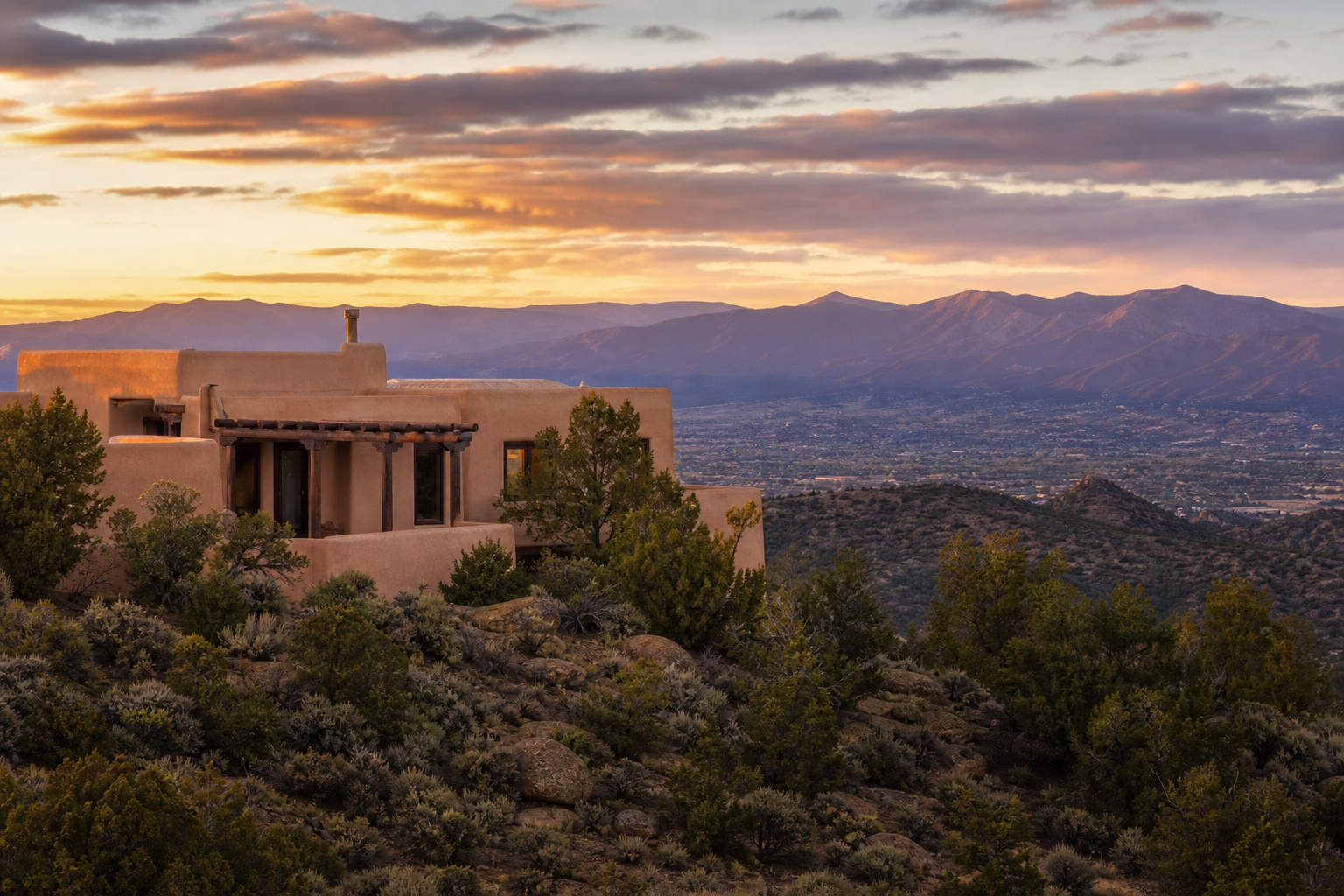 High desert ridgeline above Santa Fe with the Sangre de Cristo mountains at sunset