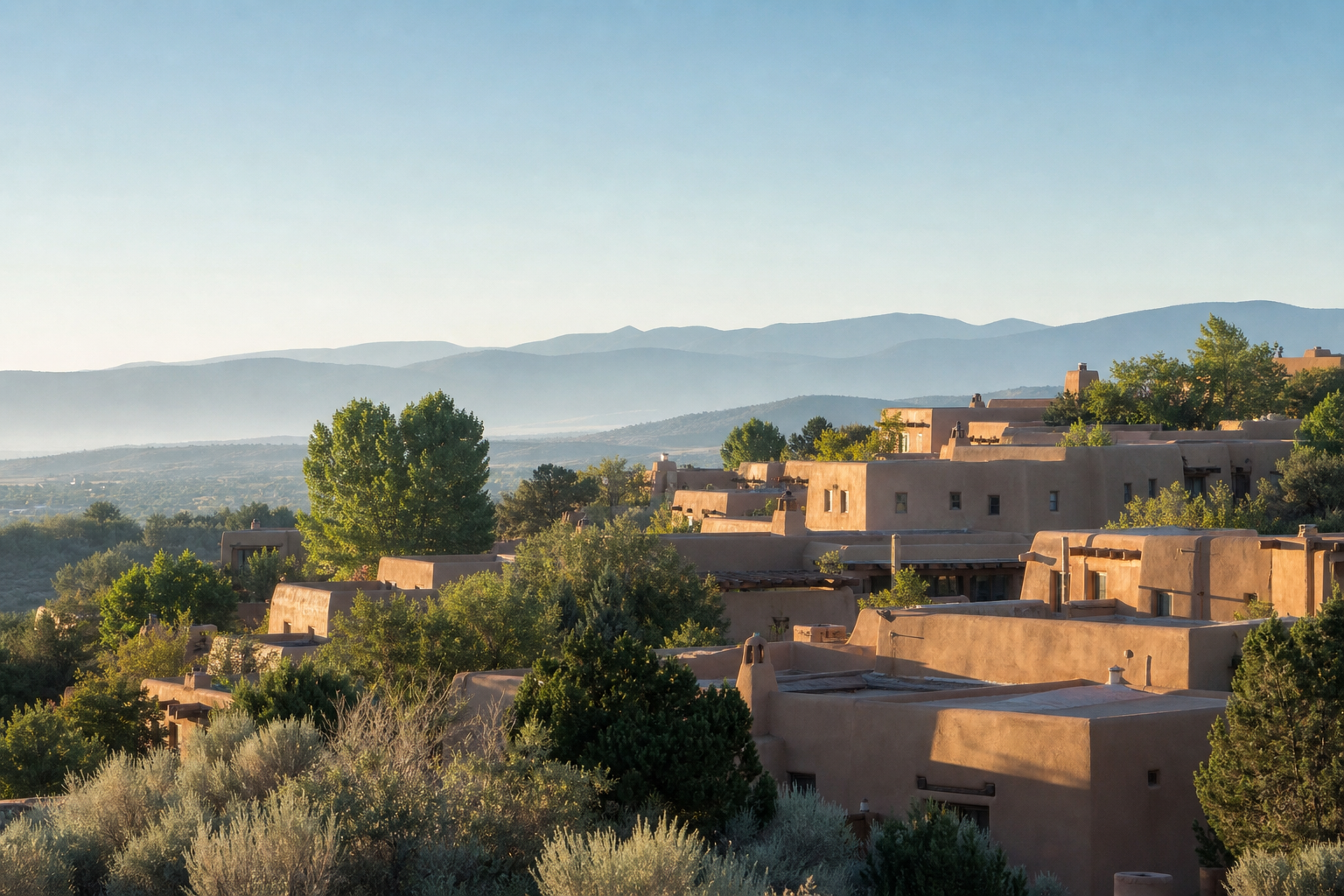 Adobe homes on a Santa Fe hillside at first light