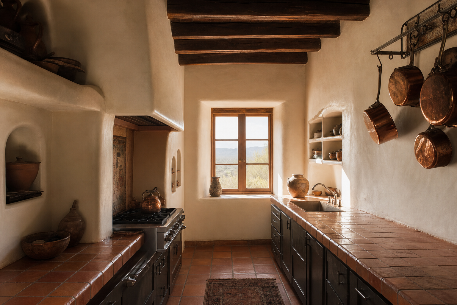 Santa Fe kitchen with plastered walls, wood beams and morning light