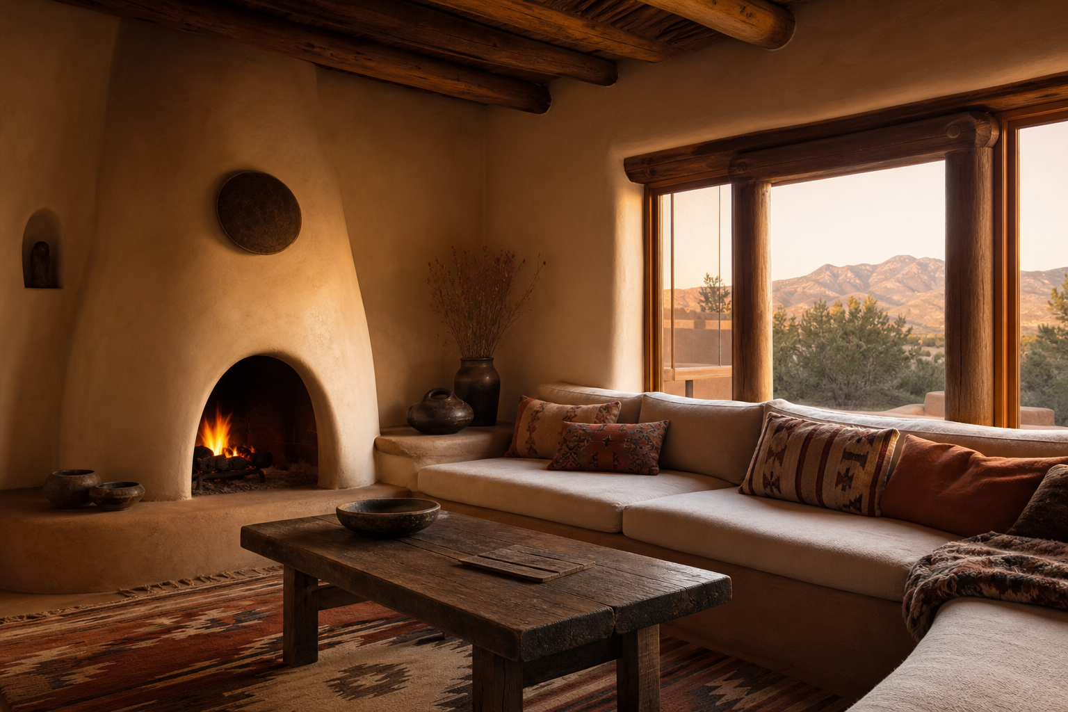 Living room with a kiva fireplace in a Santa Fe adobe home