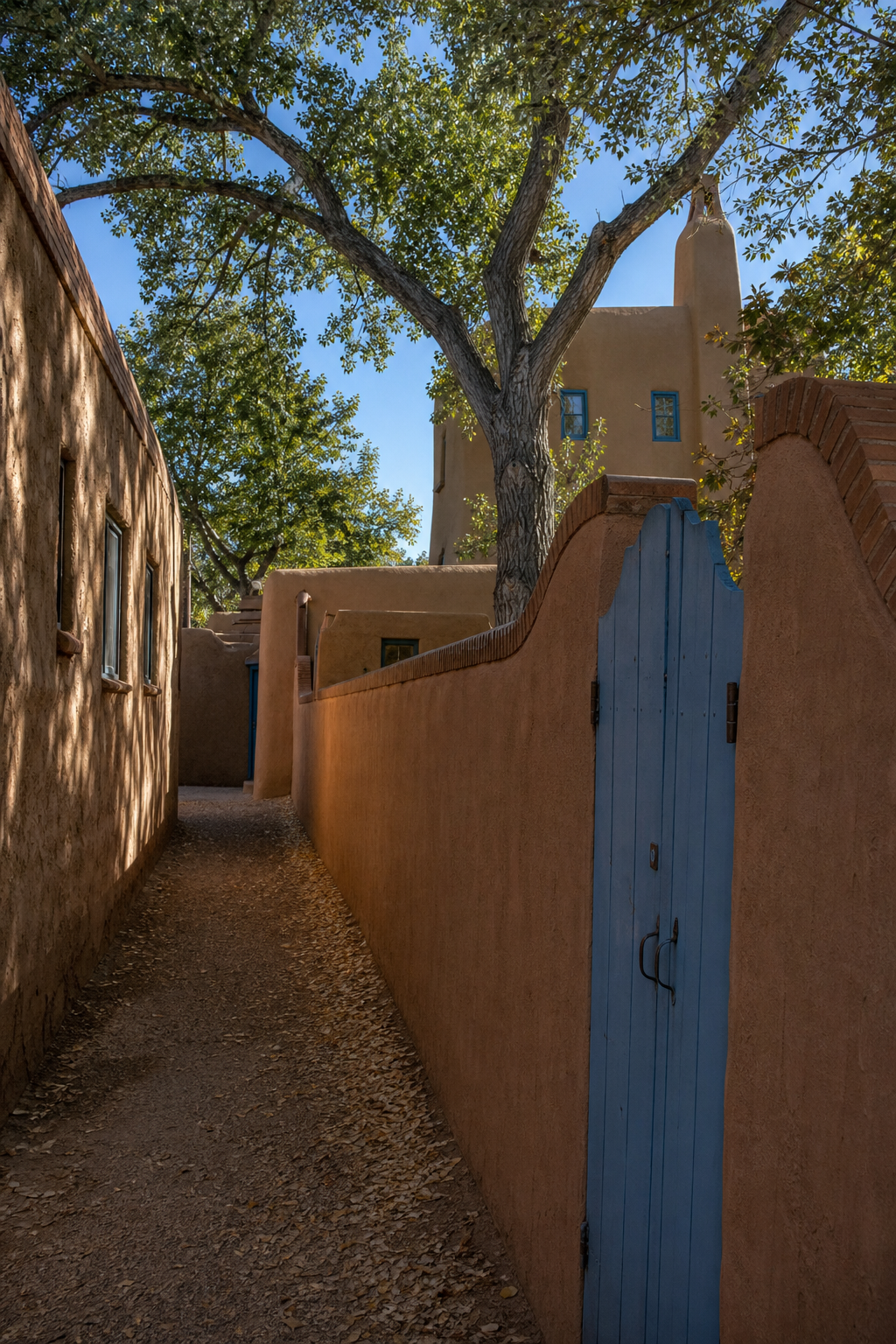 Adobe wall and portal on a narrow Santa Fe lane on the historic Eastside