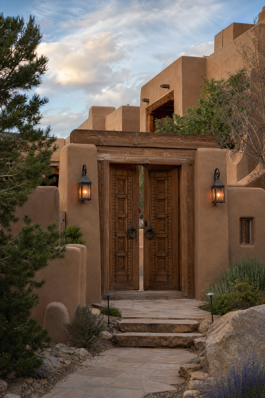 Adobe home with a courtyard wall and portal in Santa Fe, New Mexico