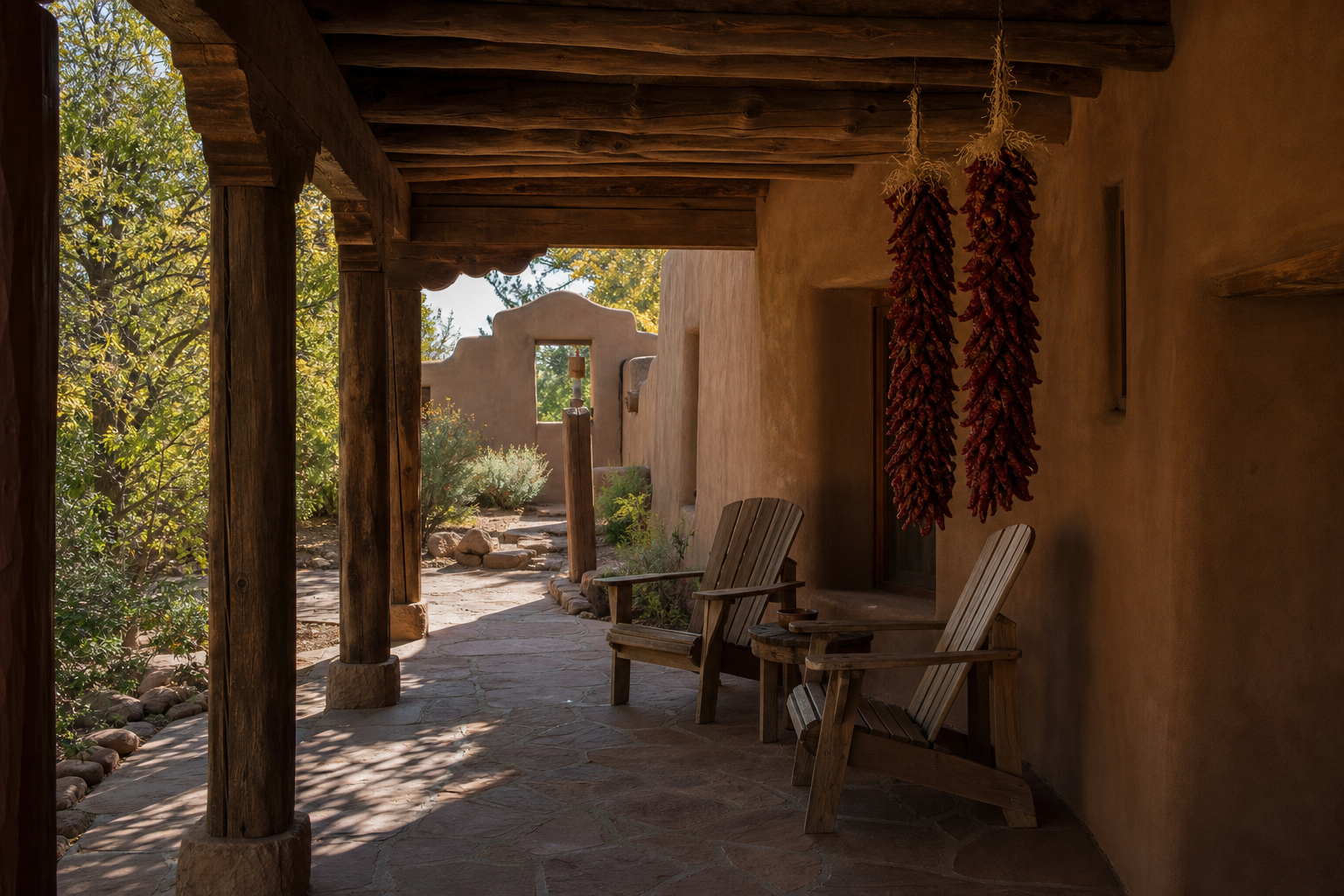 Shaded portal with chairs at an adobe home in Santa Fe